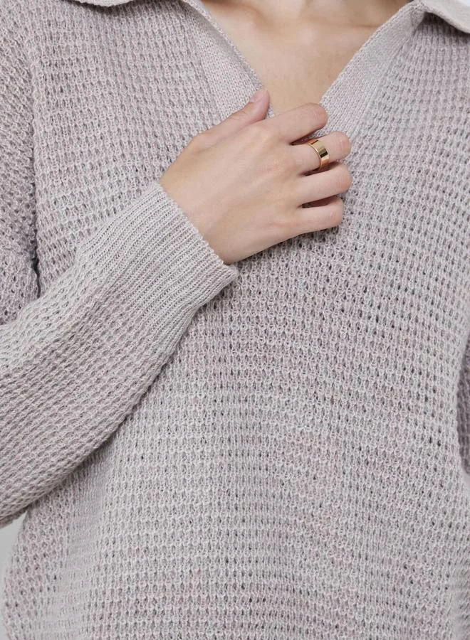 Styli Beige Beige Textured Knit Open Collar Polo T-Shirt for Women | Best Price UAE
