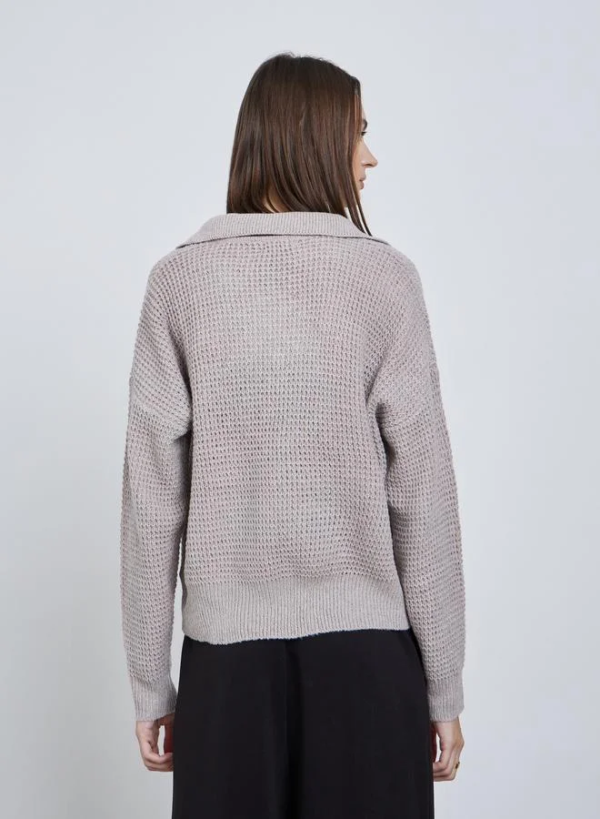 Styli Beige Beige Textured Knit Open Collar Polo T-Shirt for Women | Best Price UAE