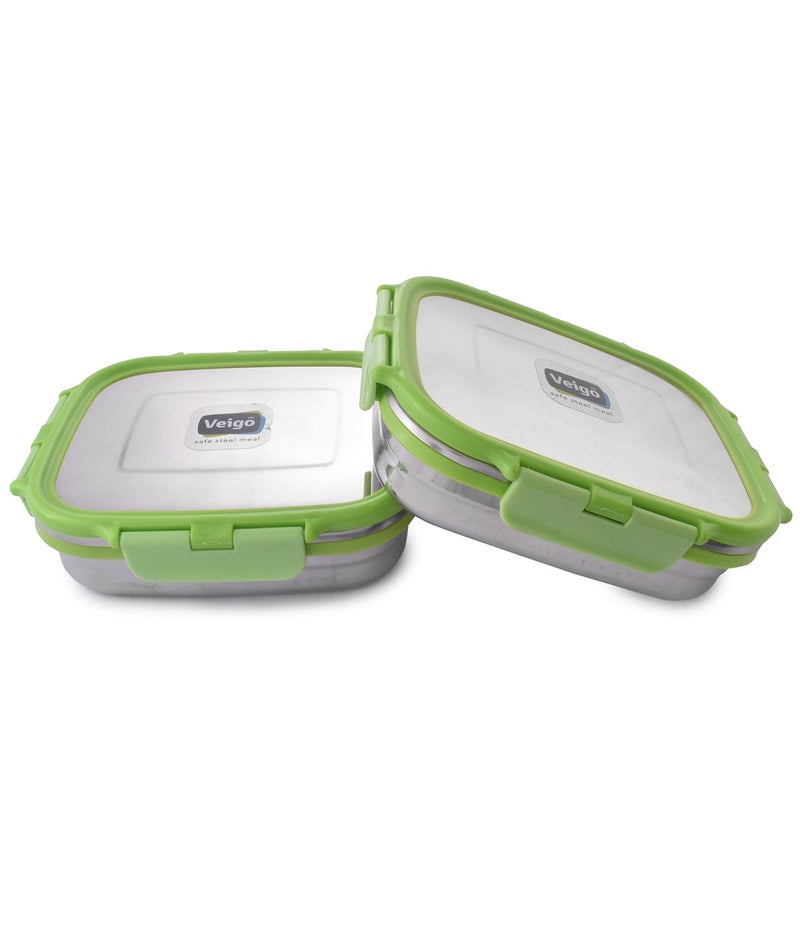 Veigo Veigo Premium Finish Lock N Steel 2 Pcs Container (2 Big), Airtight Leakproof Lunch Box Sleek & Compact Design Easy to Fit Into Any Bagpack Perfect for Office,School,Outdoor- Green 600ml+600ml  - Image 2