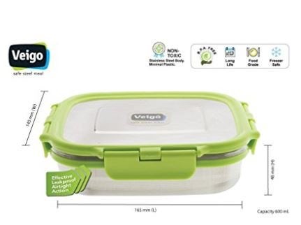 Veigo Veigo Premium Finish Lock N Steel 2 Pcs Container (2 Big), Airtight Leakproof Lunch Box Sleek & Compact Design Easy to Fit Into Any Bagpack Perfect for Office,School,Outdoor- Green 600ml+600ml  - Image 3