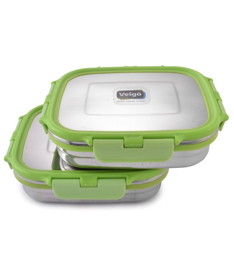 Veigo Veigo Premium Finish Lock N Steel 2 Pcs Container (2 Big), Airtight Leakproof Lunch Box Sleek & Compact Design Easy to Fit Into Any Bagpack Perfect for Office,School,Outdoor- Green 600ml+600ml  - Image 1