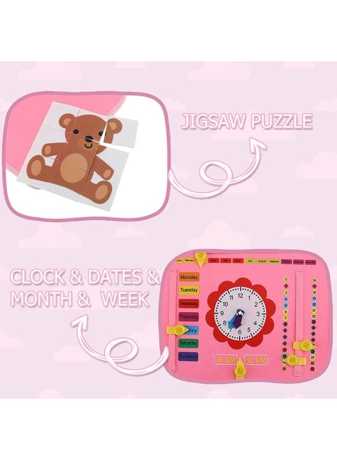 Montessori 4-in-1 Activity Busy Board for Toddlers – Quiet Book with Life Skills, Colors, Shapes, Switches & Buttons | Sensory Learning Toy for Ages 1–4 (Pink) - Image 3