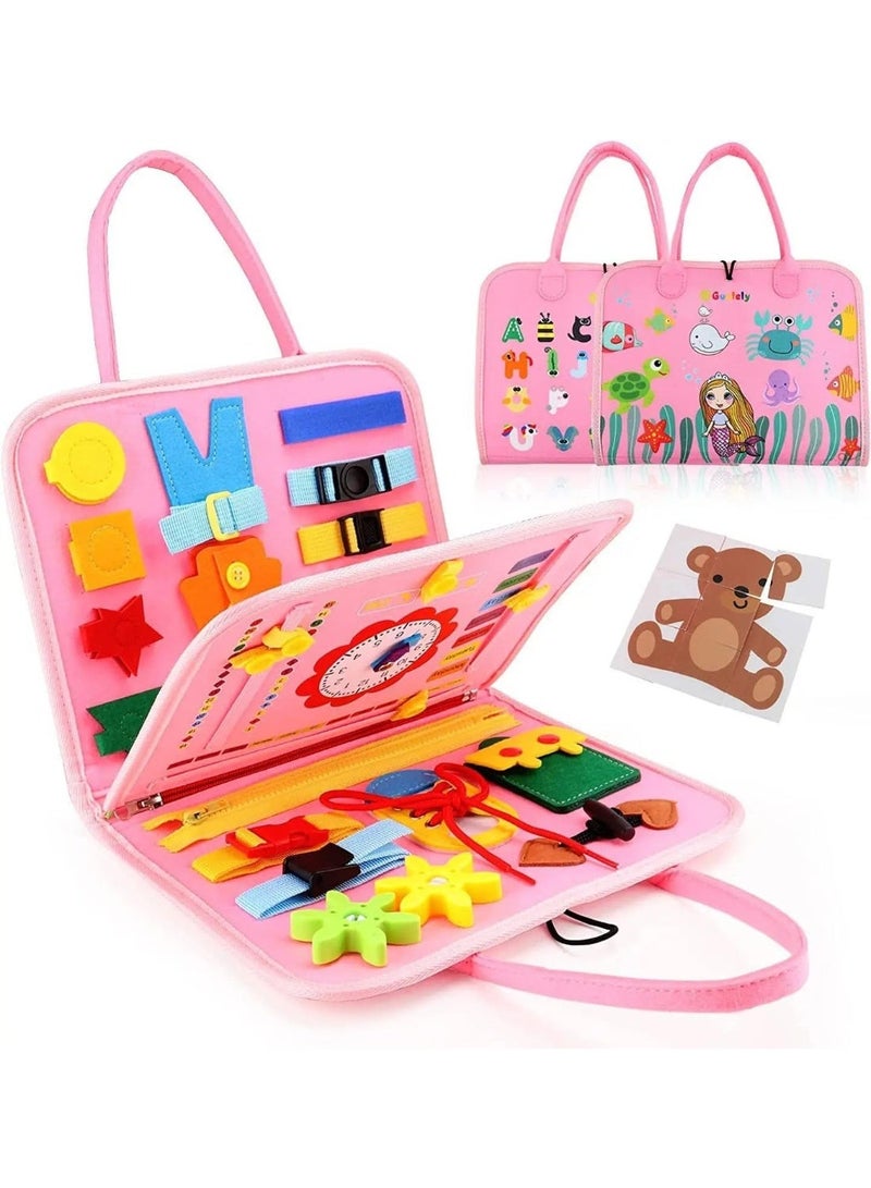 Montessori 4-in-1 Activity Busy Board for Toddlers – Quiet Book with Life Skills, Colors, Shapes, Switches & Buttons | Sensory Learning Toy for Ages 1–4 (Pink) - Image 1