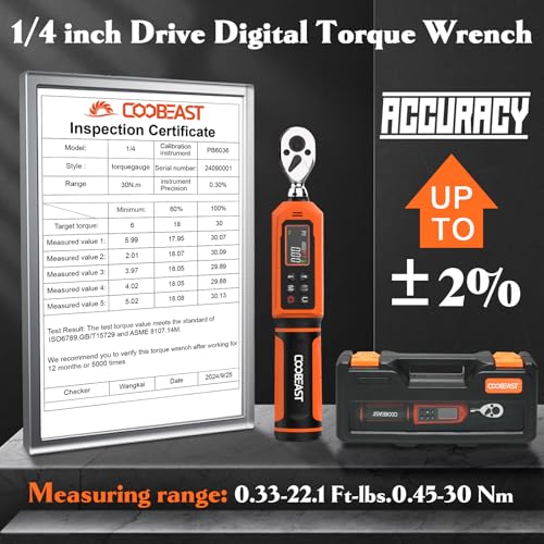 coobeast Digital Torque Wrench 1/4 Drive, 0.33-22.1 Ft.lbs./0.45-30Nm Range, Electronic Torque Screwdriver with Dual Direction Ratchet, Buzzer and LED Alert for Bicycle, Bike, DIY and Home Repair - Image 3