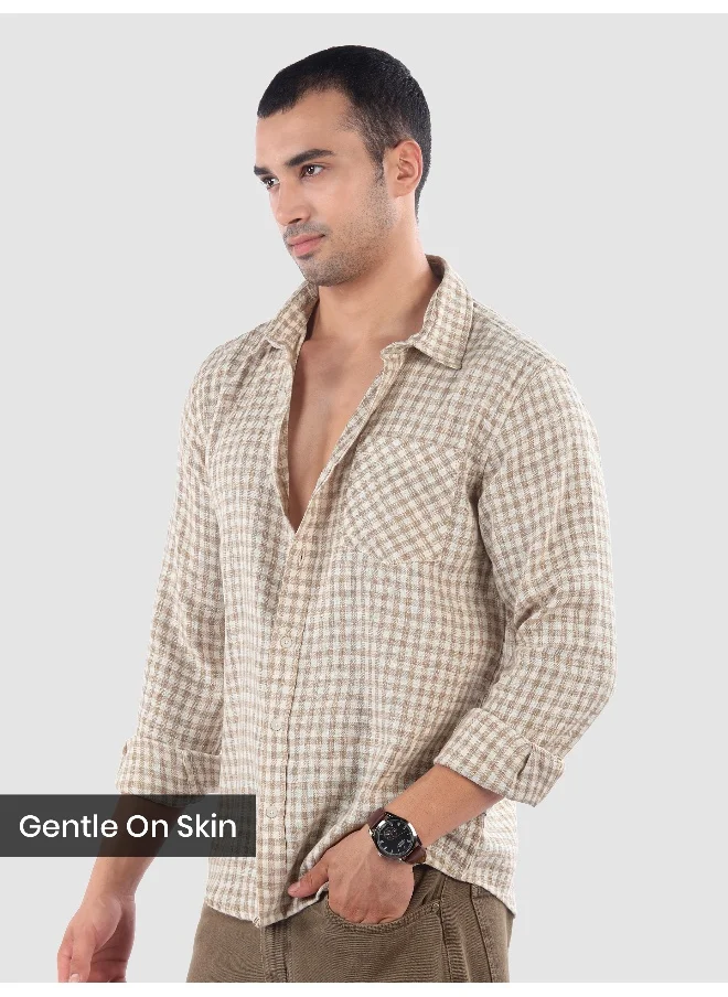 بيونغ Beige Window Check Cotton Shirt