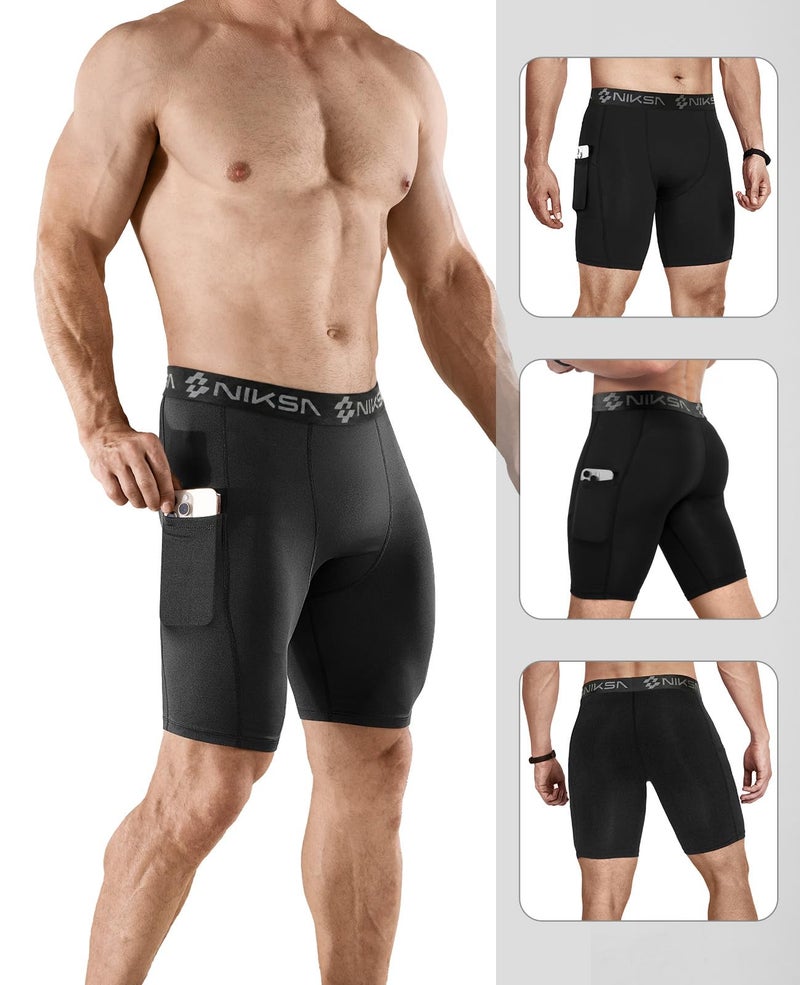 Niksa 4 Pack Compression Shorts Men with Pocket, Spandex Running Shorts Sport Athletic Workout Performance Underwear - Image 2