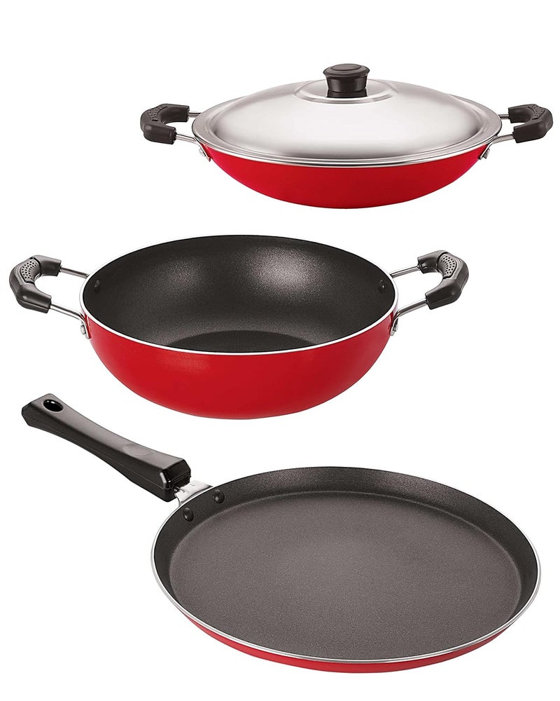 Nirlon Nirlon Non-Stick Aluminium Cookware Set, 3-Pieces, Red & Black - Image 1