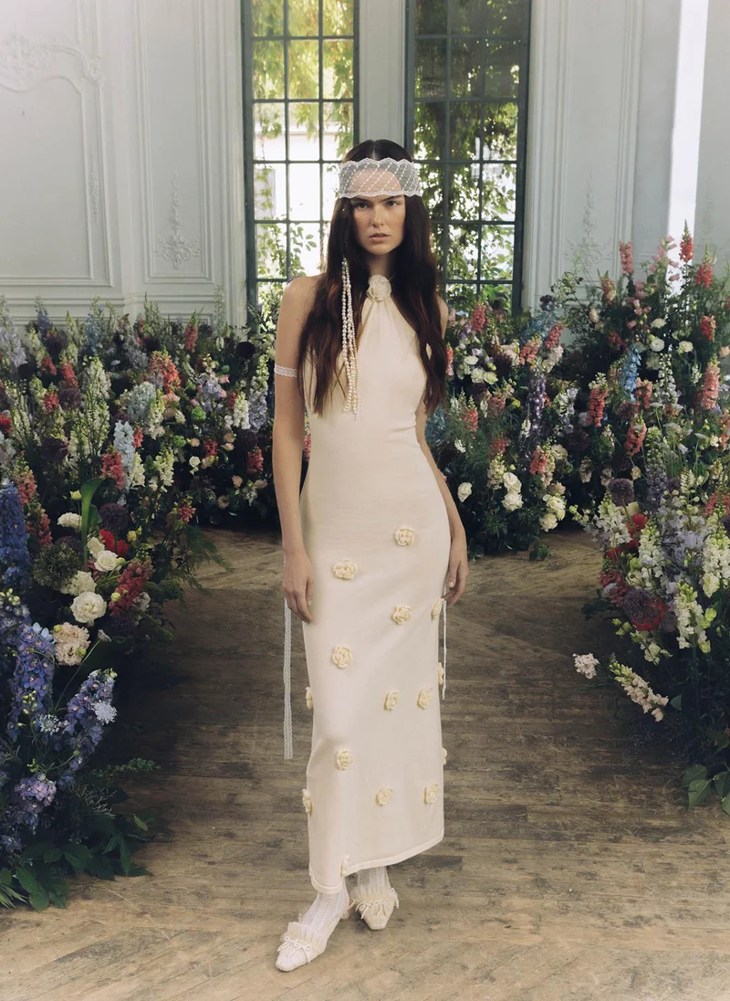 Lichi Jersey maxi dress with knitted flowers on the skirt