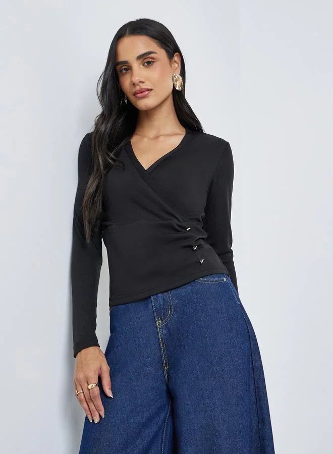 Styli Styli Textured Wrap Buttoned Rib Top