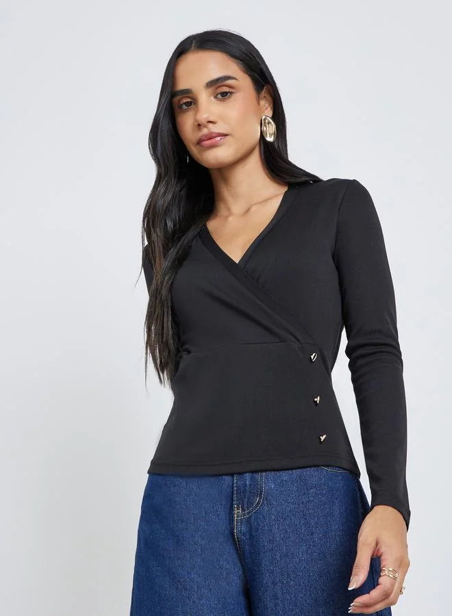 Styli Styli Textured Wrap Buttoned Rib Top