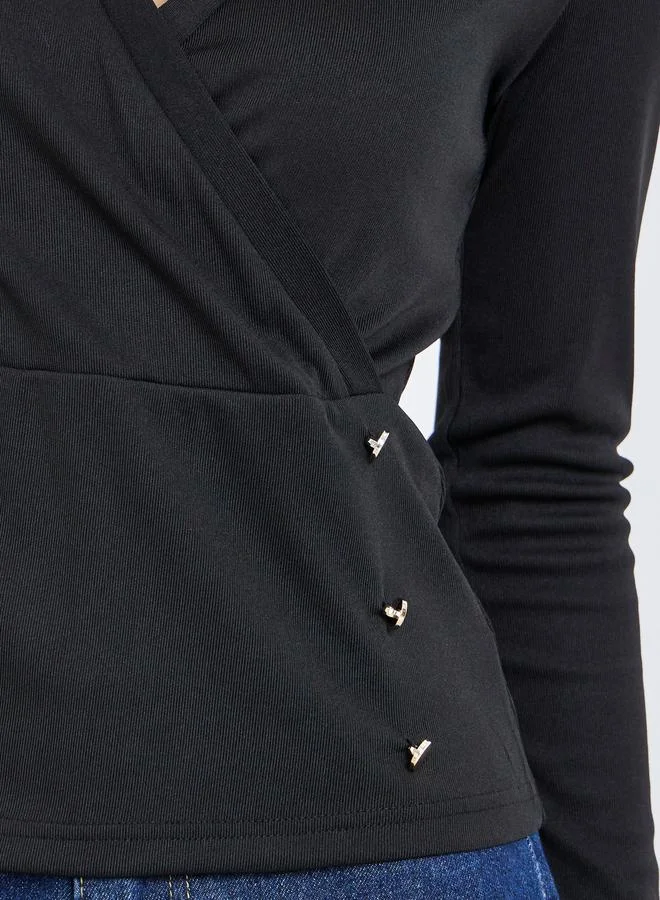 Styli Styli Textured Wrap Buttoned Rib Top