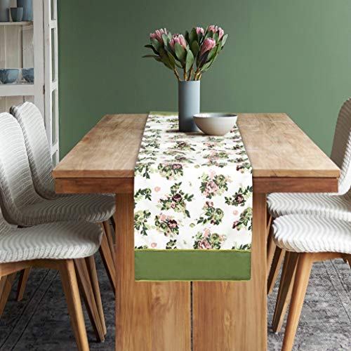 Dekor World 1 Piece Cotton Rose Printed Green Table Runner-(33x240 cm)-8 Seater Dinning & Center Table - Image 2