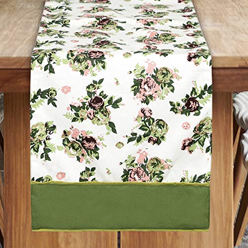Dekor World 1 Piece Cotton Rose Printed Green Table Runner-(33x240 cm)-8 Seater Dinning & Center Table - Image 1