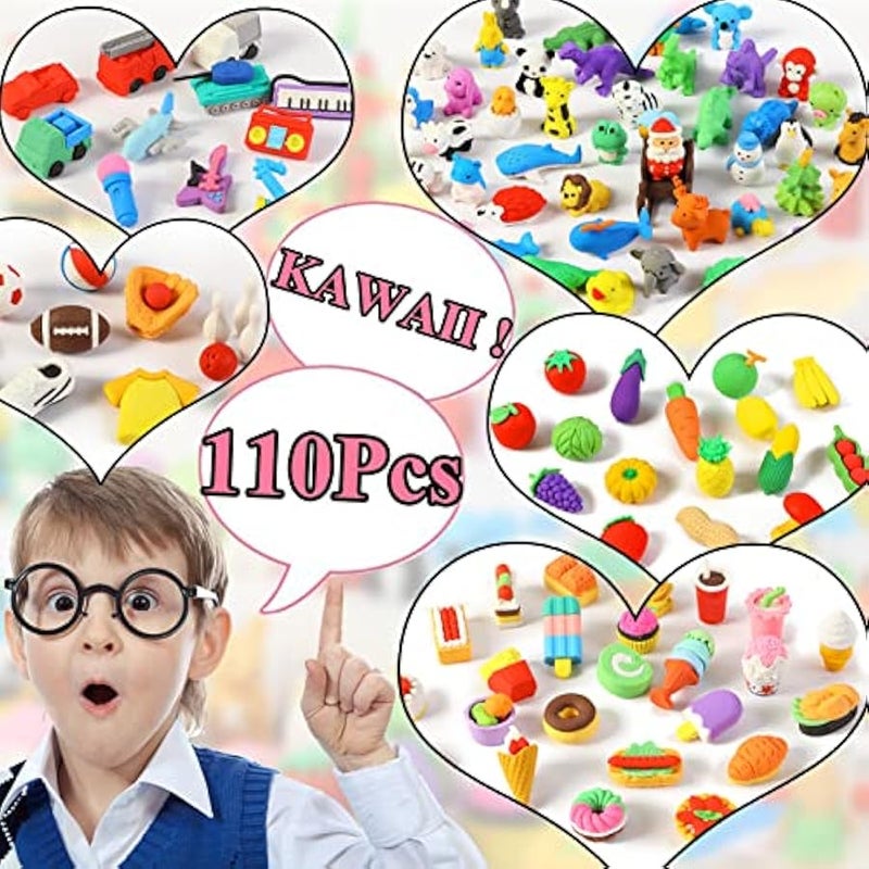 110Pcs Animal Erasers Kids Pencil Eraser Desk Pet Puzzle Eraser 3D Bulk Mini Food Vegetable Sport Fruit Car Take Apart Eraser for Party Favors Classroom Rewards Game Prizes Treasure Box Gift Exchange - Image 2