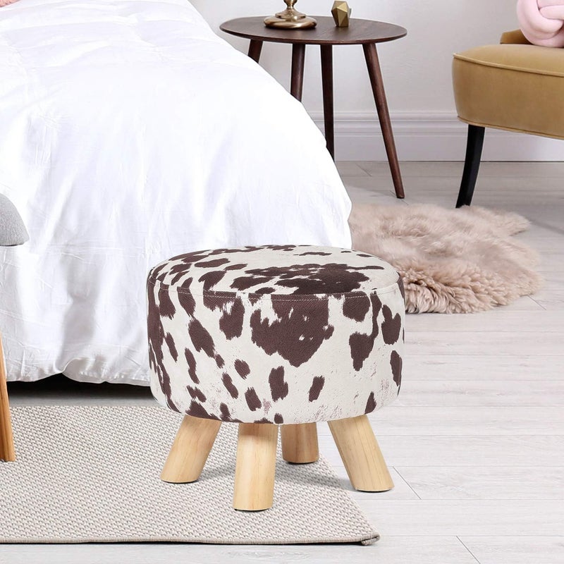 Asense Small Round Ottoman Foot Rest Stool Linen Padded Seat Footstool Ottoman with Anti-Slip Wooden Legs (Cow Brown,Linen) - Image 2