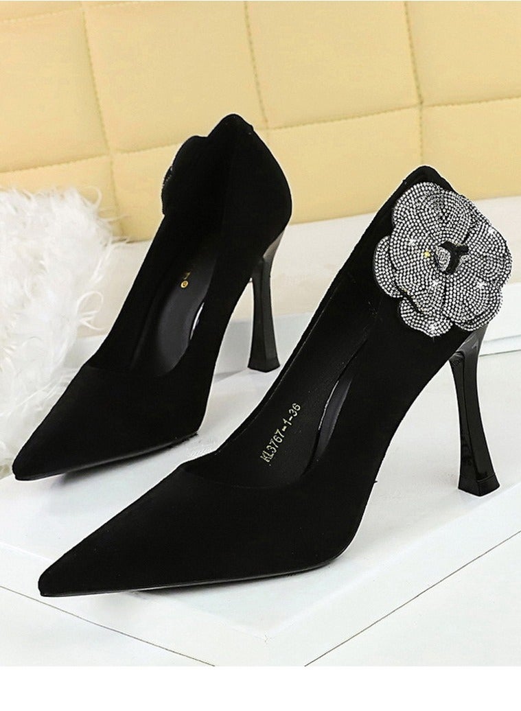 BIGTREE Women's Rhinestone Floral Decoration Party Stiletto Pumps Suede Pointed Closed Toe High Heels Black 10CM - Image 1