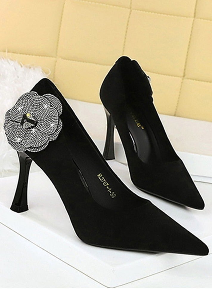 BIGTREE Women's Rhinestone Floral Decoration Party Stiletto Pumps Suede Pointed Closed Toe High Heels Black 10CM - Image 2