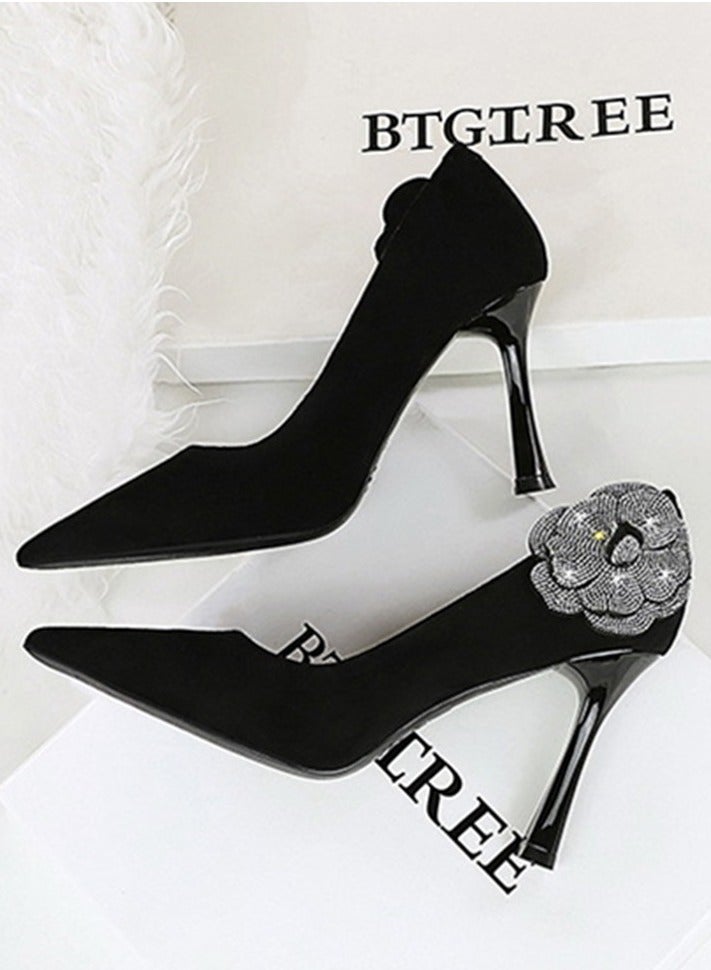 BIGTREE Women's Rhinestone Floral Decoration Party Stiletto Pumps Suede Pointed Closed Toe High Heels Black 10CM - Image 3