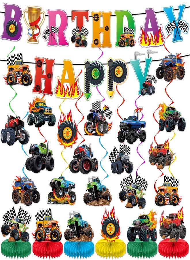 Oitnlaughter 50pcs Monster Theme Race Truck Party Supplies Trucks Happy Birthday Banners Monster Cars Hanging Swirls Ceiling Streamers Decor Racing Theme Honeycomb Centerpieces for Boys Birthday Party Supplies - Image 1
