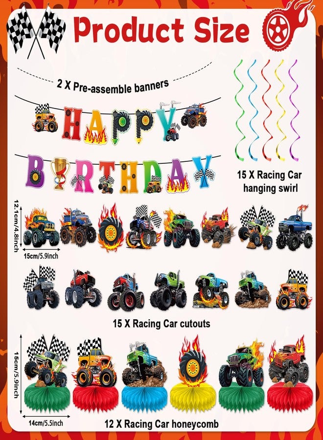 Oitnlaughter 50pcs Monster Theme Race Truck Party Supplies Trucks Happy Birthday Banners Monster Cars Hanging Swirls Ceiling Streamers Decor Racing Theme Honeycomb Centerpieces for Boys Birthday Party Supplies - Image 2