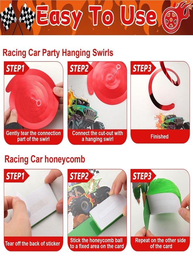 Oitnlaughter 50pcs Monster Theme Race Truck Party Supplies Trucks Happy Birthday Banners Monster Cars Hanging Swirls Ceiling Streamers Decor Racing Theme Honeycomb Centerpieces for Boys Birthday Party Supplies - Image 4