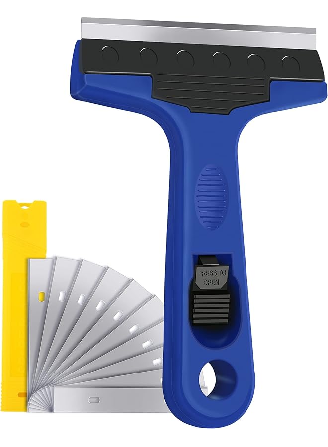 PROMASS Razor Blade Scraper, 4" Scraper Tool with 10 Extra Replacement Metal Blades, Razor Scraper Remover for Cleaning Paint, Caulk, Adhesive, Label, Decal, Sticker from Window, Glass, Tile, Floor, Stove Top  - Image 1