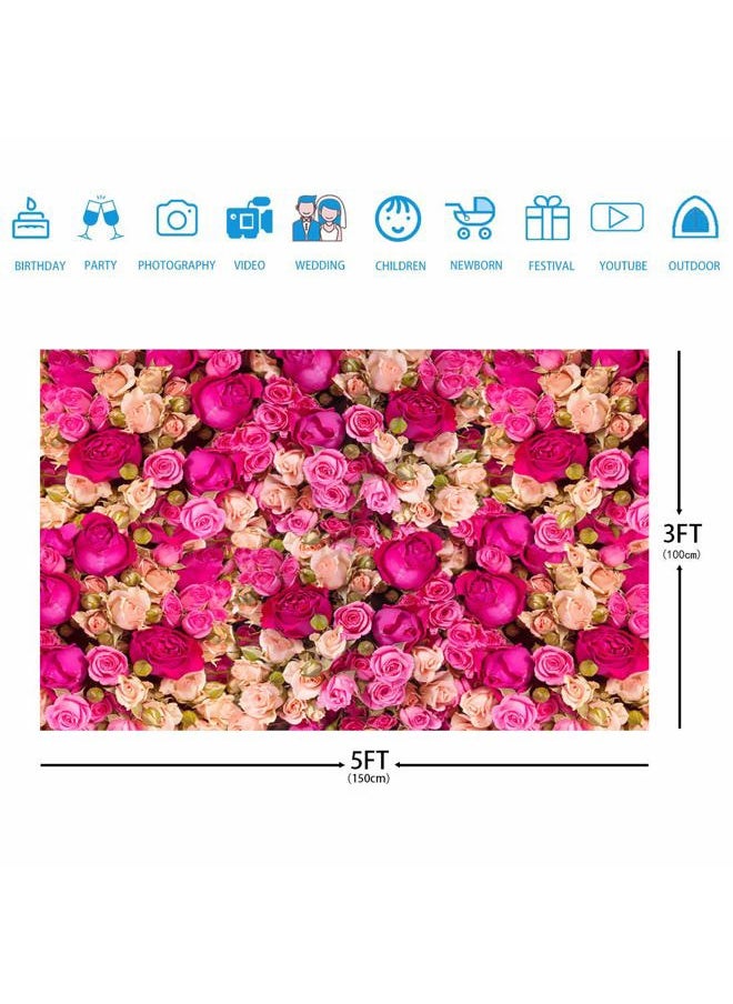 Ticuenicoa - 5x3ft Pink Red Rose Flowers Photography Backdrop Valentine's Day Photo Background Baby Shower Wedding Happy Birthday Decoration Mother's Day Backdrop Blossoms Roses Wall Art for Photo Booth Props - Image 1
