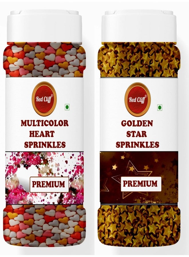 RED CLIFF Edible Multicolour Heart+Golden Star Shape Sprinkles | Metallic Dessert Toppings for Cakes, Cupcakes, Ice Cream & Sweets | Edible Decorative Sugar Sprinkles | Ideal for Baking & Festive Garnishing | 100gx2 | Pack of 2 - Image 1