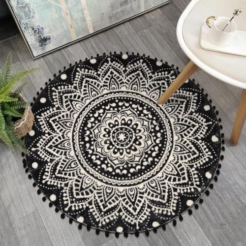 Uphome Boho Round Rug for Bedroom 3' Circle Mandala Black Bathroom Rug with Pom Poms Fringe Washable Circular Accent Throw Rugs Non-Slip Soft Floor Mat for Entryway Living Room Sofa Kids Room Nursery - Image 1