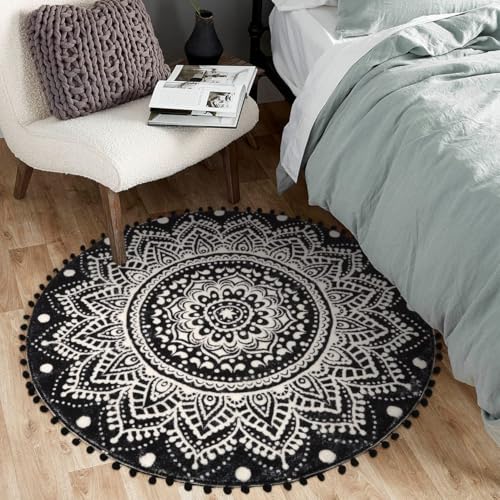 Uphome Boho Round Rug for Bedroom 3' Circle Mandala Black Bathroom Rug with Pom Poms Fringe Washable Circular Accent Throw Rugs Non-Slip Soft Floor Mat for Entryway Living Room Sofa Kids Room Nursery - Image 5