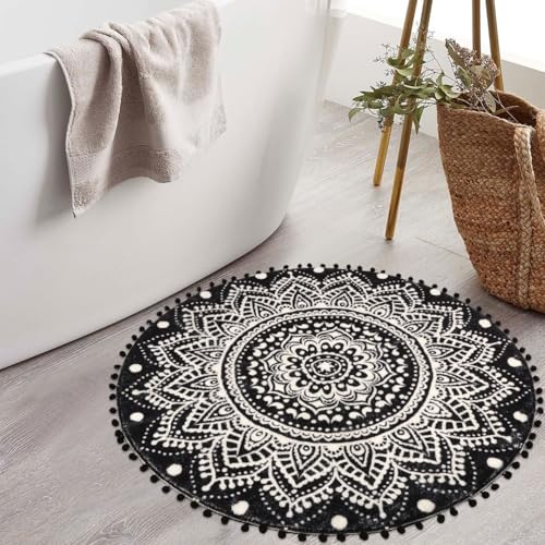 Uphome Boho Round Rug for Bedroom 3' Circle Mandala Black Bathroom Rug with Pom Poms Fringe Washable Circular Accent Throw Rugs Non-Slip Soft Floor Mat for Entryway Living Room Sofa Kids Room Nursery - Image 4