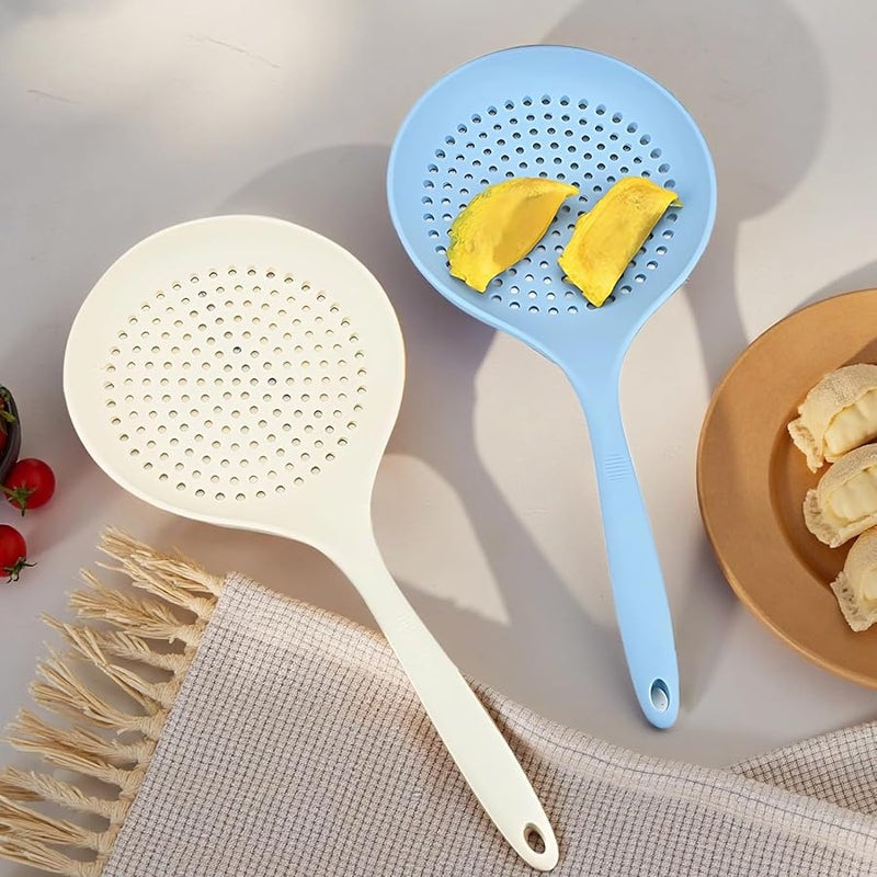 Silicone Kitchen Skimmer Set 2 Pcs 36 Cm Slotted Spoon Non Scratch Beige Blue - Image 4