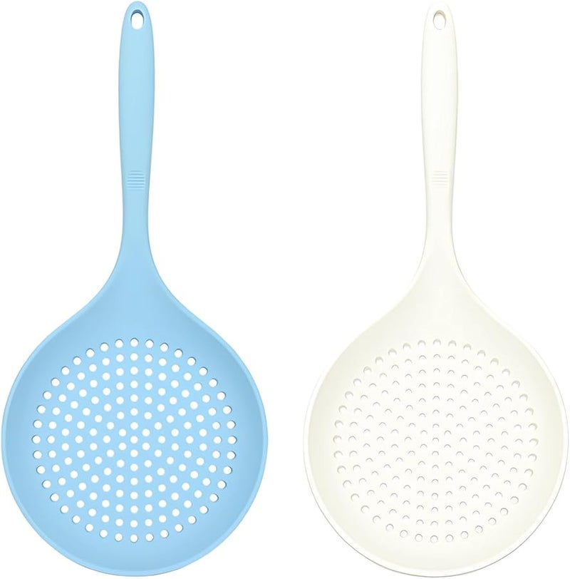 Silicone Kitchen Skimmer Set 2 Pcs 36 Cm Slotted Spoon Non Scratch Beige Blue - Image 1