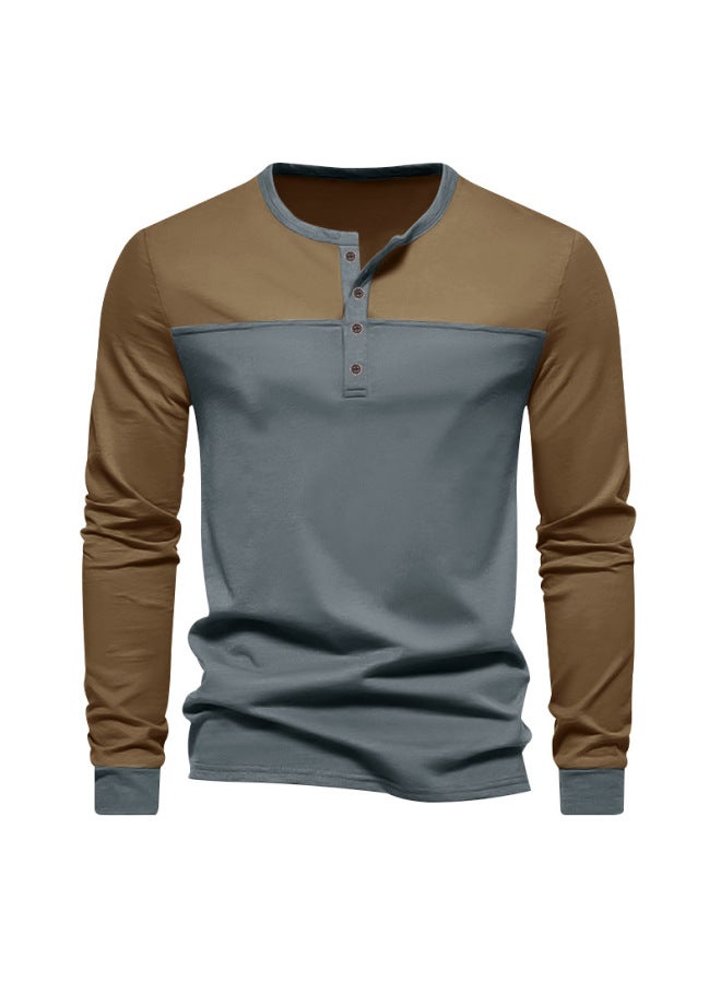 European And American Men's Autumn Henley Collar Color Block American Style Base Shirt Casual Oversized Long Sleeve T-shirt Men