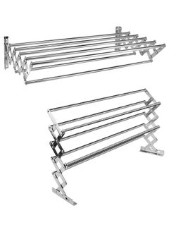 DubaiGallery Clothes Drying Rack Folding Towel Rack Laundry Dryer Wall Mounted Hanger Indoor Outdoor With Hooks Metal Silver Space Saver  - Image 4