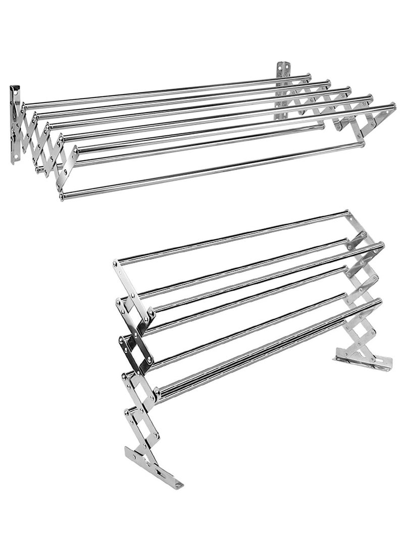 DubaiGallery Clothes Drying Rack Folding Towel Rack Laundry Dryer Wall Mounted Hanger Indoor Outdoor With Hooks Metal Silver Space Saver - Image 4