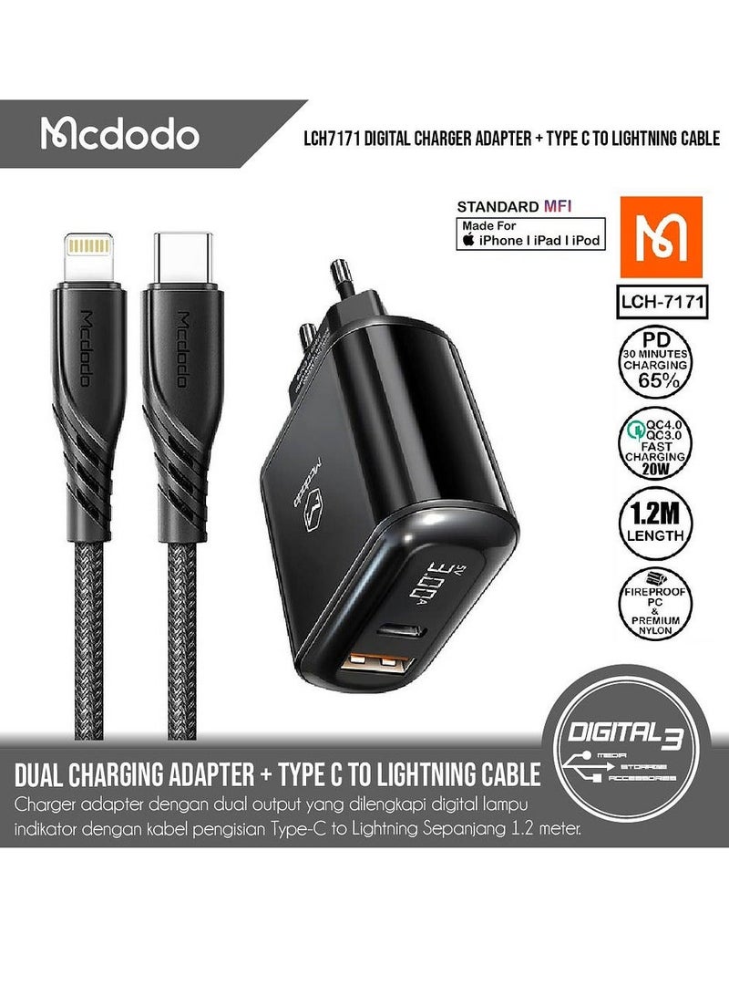 MCDODO LCH-7171 Charger Iphone Digital Display Dual Output Fast 20W plus USB C to Lightning PD Cable 1.2 Meter - Image 1