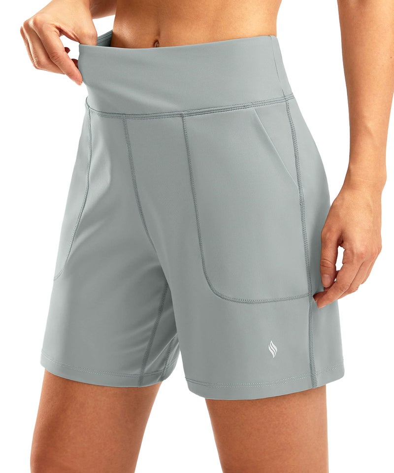 SANTINY Women's 6'' Athletic Long Shorts with 4 Pockets High Waisted Bermuda Shorts for Women Walking Running Casual (Bright Grey_L) - Image 1