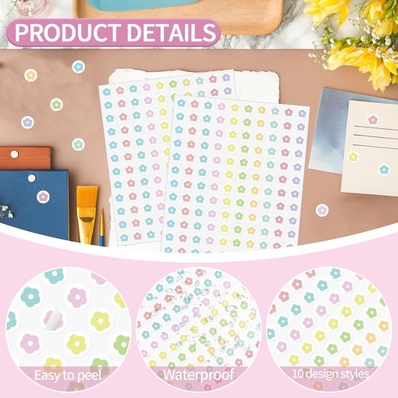 WANGHENG 2400 Pcs Small Sticker for Kids,Mini Flower Sticker Cute Paper Decals 10 Designs Self-Adhesive Stickers for Summer Party Envelopes Scrapbook Gifts DIY Supplies,0.5in（Morandi） Transparent body - Image 3