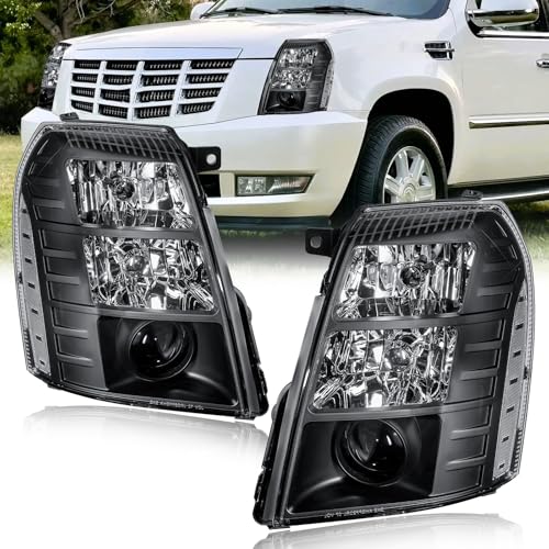 Fullux HID Projector Headlight Assembly for 2007-2014 Cadillac Escalade/2007-2014 Escalade ESV/2007-2013 Escalade EXT Left Right Side Headlamp Black Housing Clear Reflector - Image 1