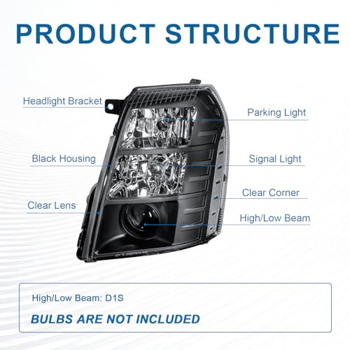 Fullux HID Projector Headlight Assembly for 2007-2014 Cadillac Escalade/2007-2014 Escalade ESV/2007-2013 Escalade EXT Left Right Side Headlamp Black Housing Clear Reflector - Image 3