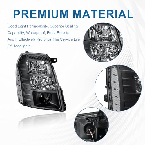 Fullux HID Projector Headlight Assembly for 2007-2014 Cadillac Escalade/2007-2014 Escalade ESV/2007-2013 Escalade EXT Left Right Side Headlamp Black Housing Clear Reflector - Image 2