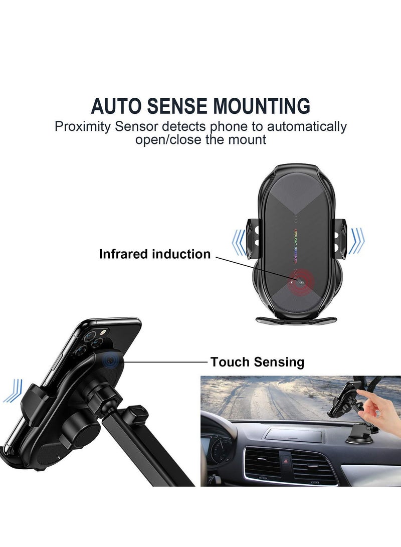 Excefore Wireless Car Charger,15W Qi Fast Charging Auto-Clamping Car Phone Holder, Air Vent Windshield Dashboard Car Phone Mount, Long Arm Suction Cup Phone Holder for iPhone or Android Phone - Image 3