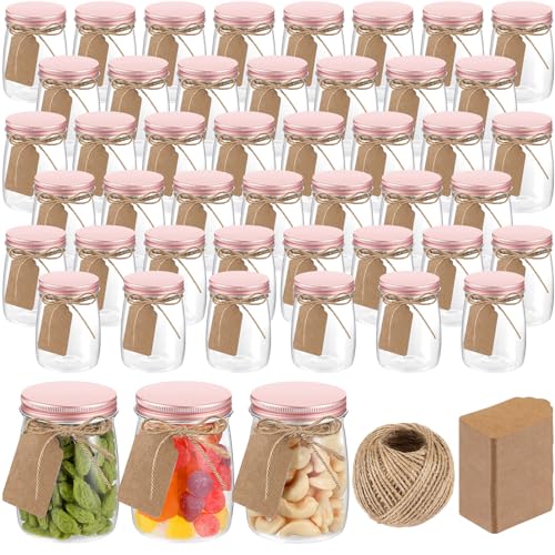 Nitial 50 Pack 5 oz Plastic Jars with Lids Bulk Yogurt Containers with Lids Gift Jars with DIY Craft Twine and Labels Gifts for Birthday Wedding Halloween Christmas Party Favor(Rose Gold,Aluminum Lid) - Image 1