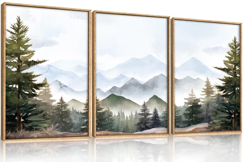 KAIRNE Framed Mountain Canvas Wall Art Set, Misty Forest Wall Decor, Green Pine Tree Wall Painting, Nature Widerness Landscape Art Print for Living Room, Bedroom, Study, Gallery - 16"x24"x3 - Image 1