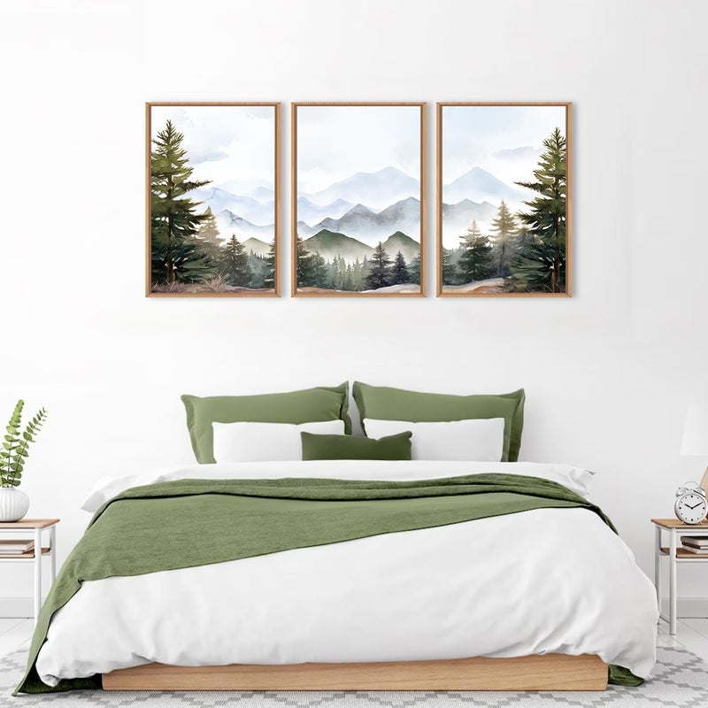 KAIRNE Framed Mountain Canvas Wall Art Set, Misty Forest Wall Decor, Green Pine Tree Wall Painting, Nature Widerness Landscape Art Print for Living Room, Bedroom, Study, Gallery - 16"x24"x3 - Image 3