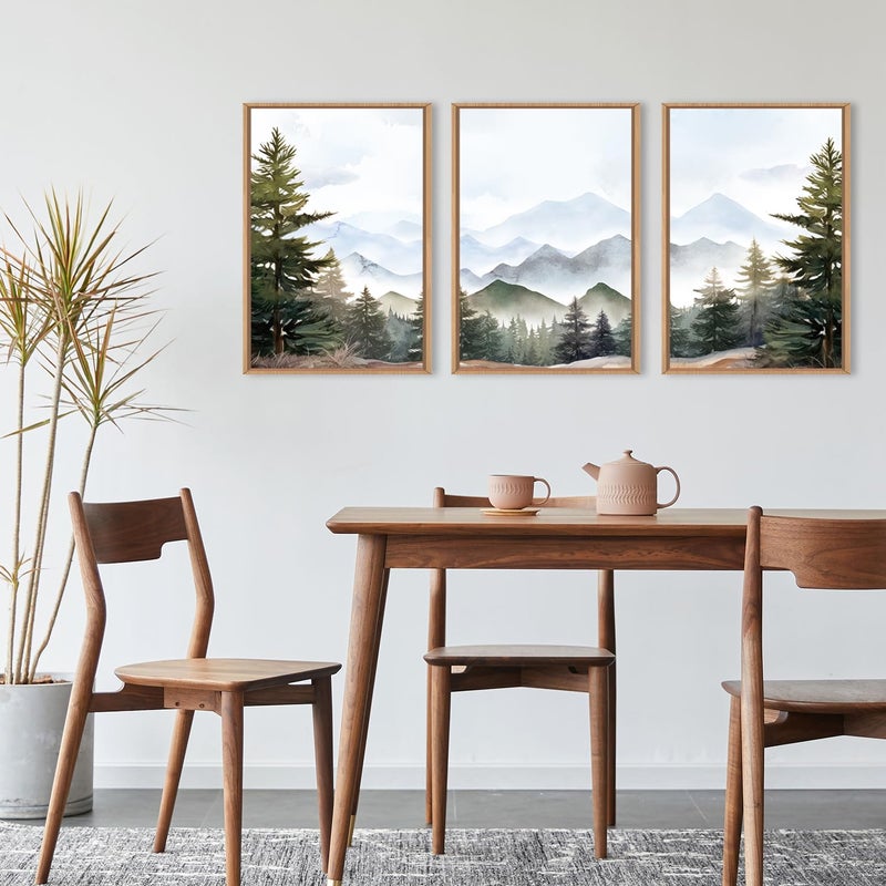 KAIRNE Framed Mountain Canvas Wall Art Set, Misty Forest Wall Decor, Green Pine Tree Wall Painting, Nature Widerness Landscape Art Print for Living Room, Bedroom, Study, Gallery - 16"x24"x3 - Image 4