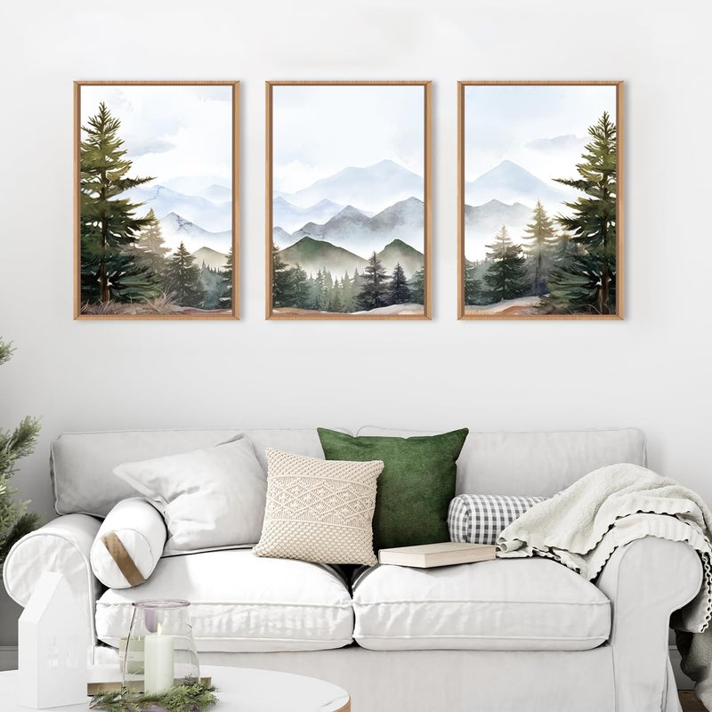 KAIRNE Framed Mountain Canvas Wall Art Set, Misty Forest Wall Decor, Green Pine Tree Wall Painting, Nature Widerness Landscape Art Print for Living Room, Bedroom, Study, Gallery - 16"x24"x3 - Image 2