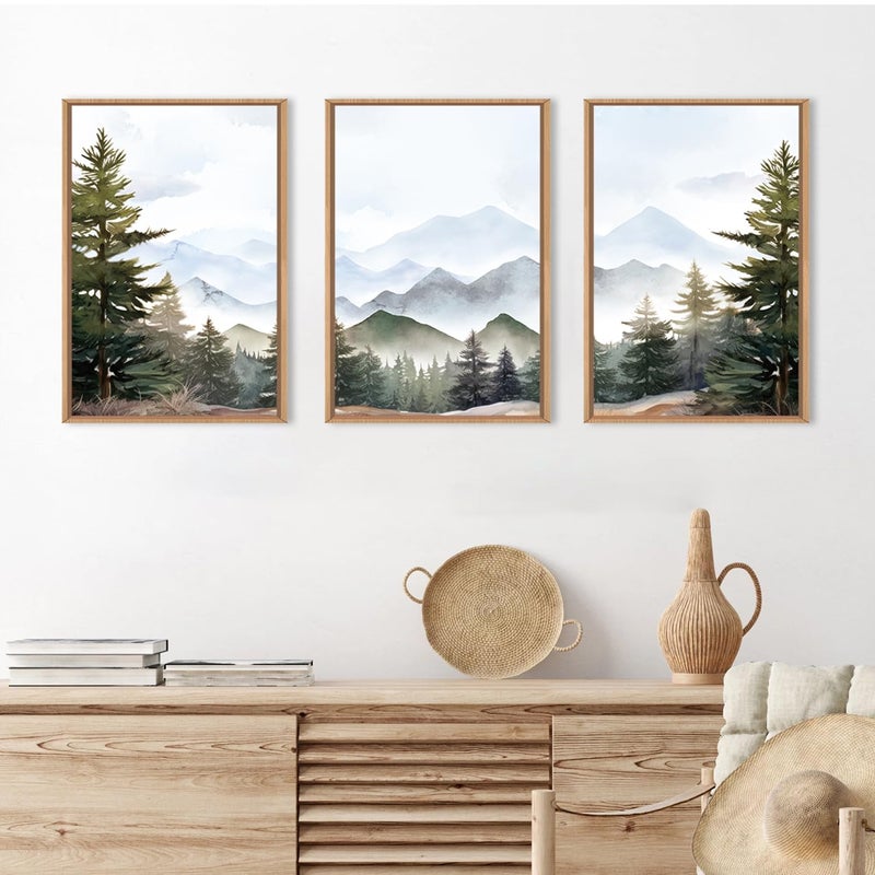 KAIRNE Framed Mountain Canvas Wall Art Set, Misty Forest Wall Decor, Green Pine Tree Wall Painting, Nature Widerness Landscape Art Print for Living Room, Bedroom, Study, Gallery - 16"x24"x3 - Image 5