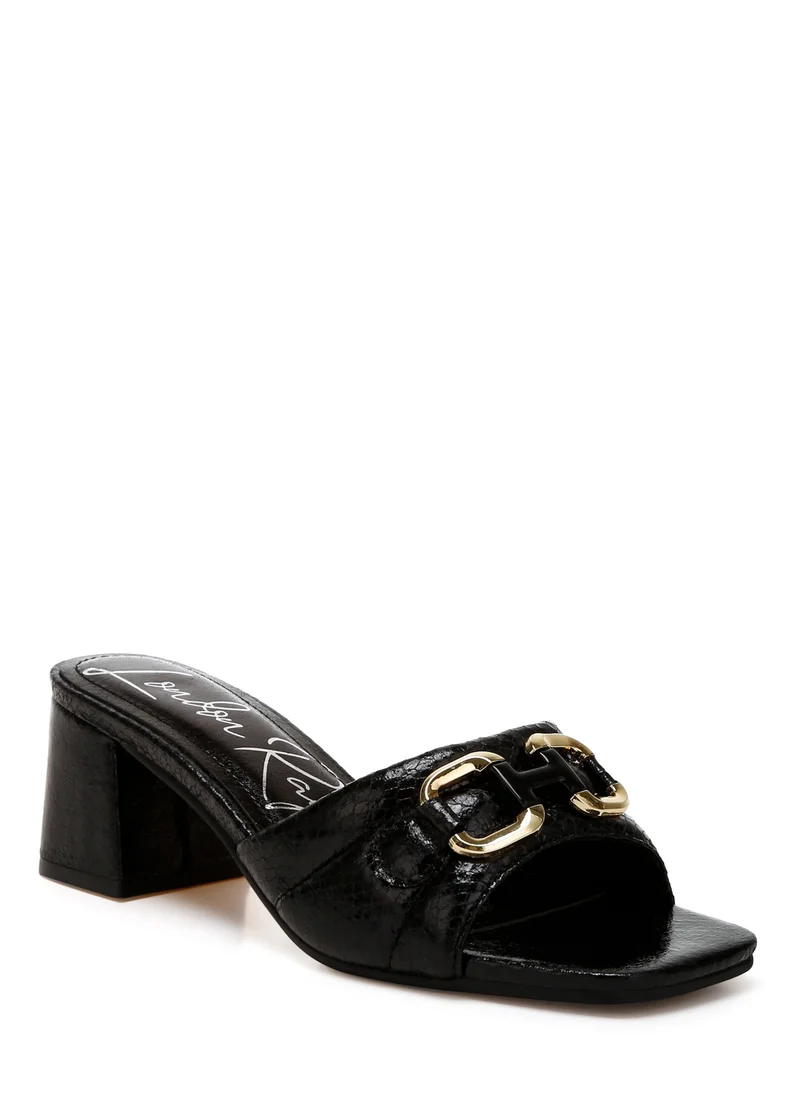 London Rag Black Horsebit Detail Snake Print Sandals